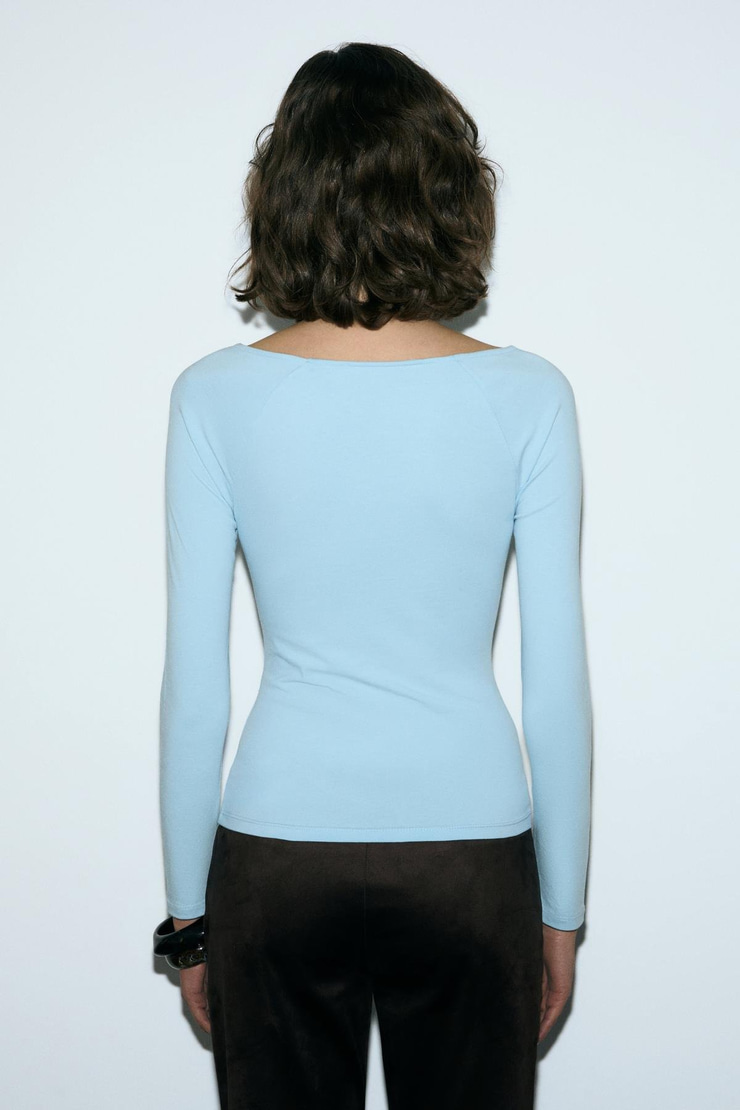 KARAKOLA Kadın Organik Pamuklu Kayık Yaka Reglan Kol Slim Fit Mavi Bluz