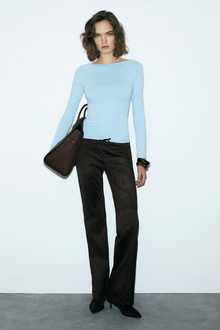 KARAKOLA Kadın Organik Pamuklu Kayık Yaka Reglan Kol Slim Fit Mavi Bluz