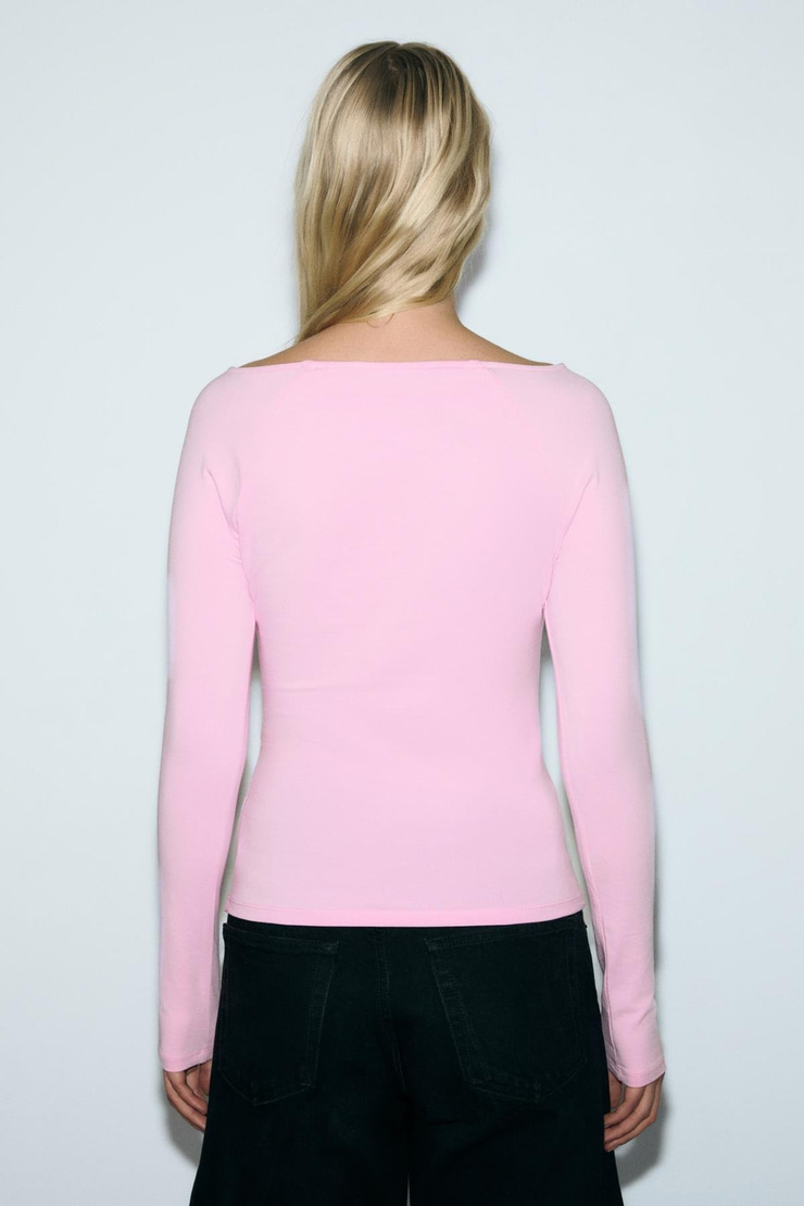 KARAKOLA Kadın Organik Pamuklu Kayık Yaka Reglan Kol Slim Fit Pembe Bluz