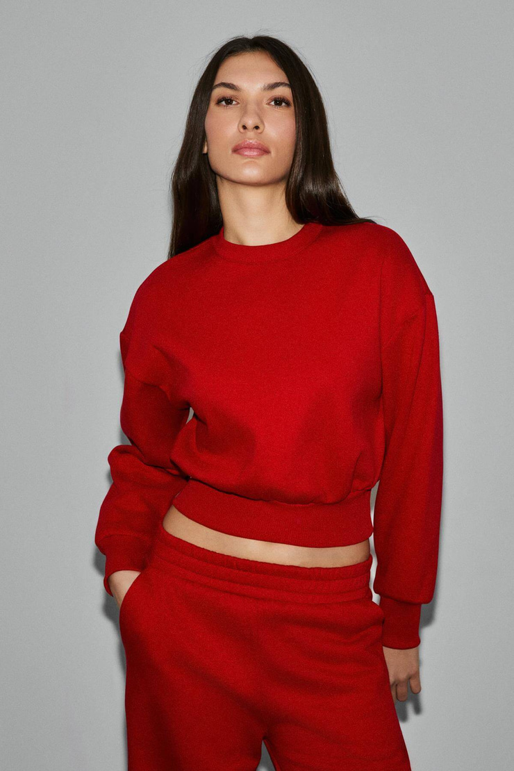 KARALIS Kadın Pamuklu Bisiklet Yaka Crop Kırmızı Sweatshirt