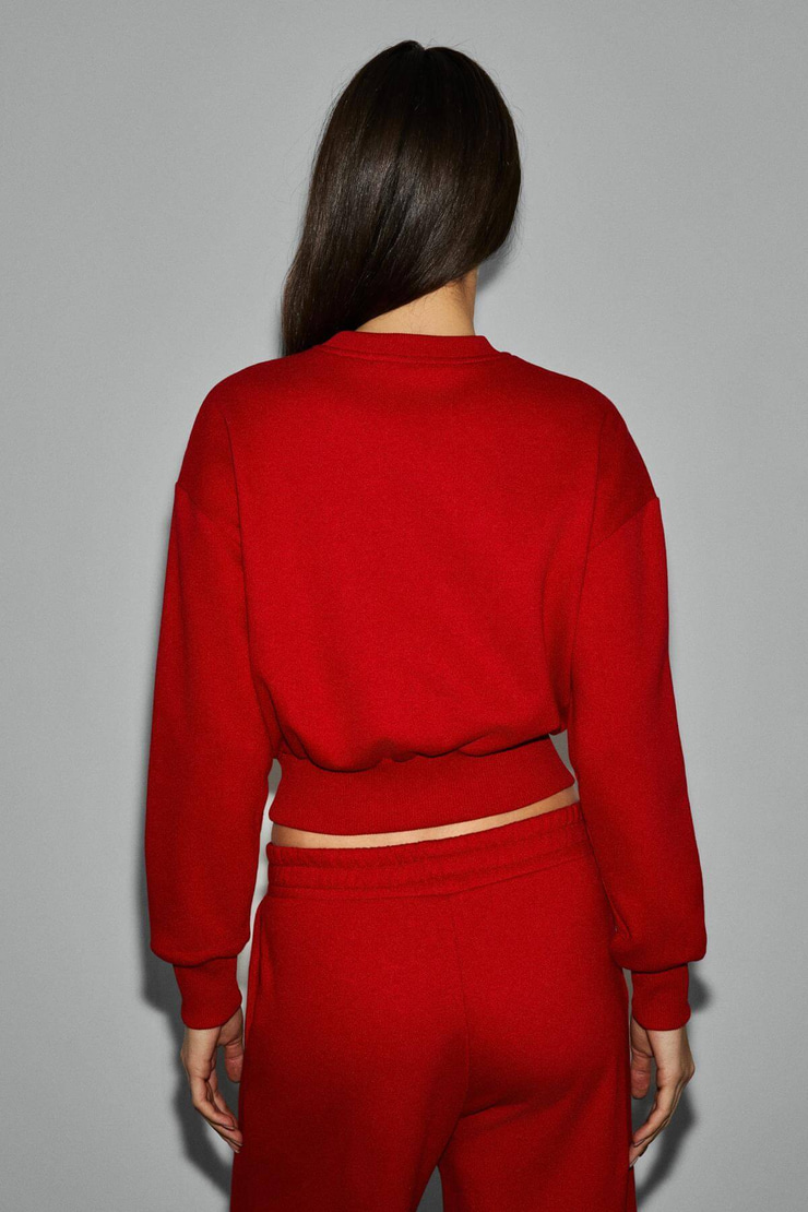 KARALIS Kadın Pamuklu Bisiklet Yaka Crop Kırmızı Sweatshirt