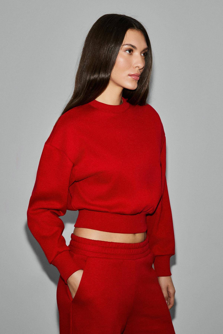 KARALIS Kadın Pamuklu Bisiklet Yaka Crop Kırmızı Sweatshirt