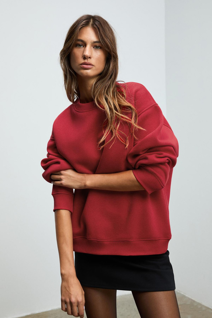 KARIUS Kadın Organik Pamuklu İçi Polarlı Oversize Yuvarlak Yakalı Bordo Sweatshirt