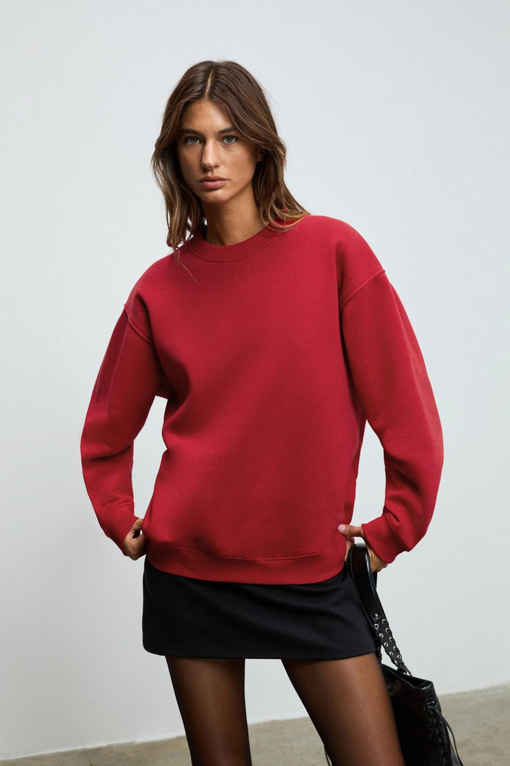 KARIUS Kadın Organik Pamuklu İçi Polarlı Oversize Yuvarlak Yakalı Bordo Sweatshirt