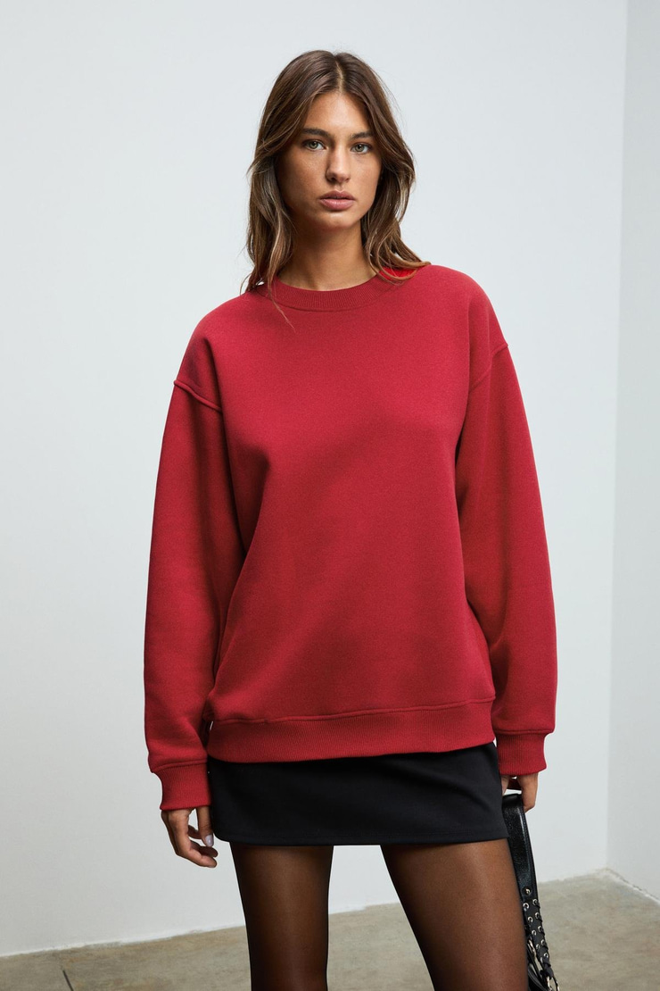 KARIUS Kadın Organik Pamuklu İçi Polarlı Oversize Yuvarlak Yakalı Bordo Sweatshirt