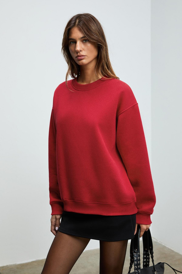 KARIUS Kadın Organik Pamuklu İçi Polarlı Oversize Yuvarlak Yakalı Bordo Sweatshirt