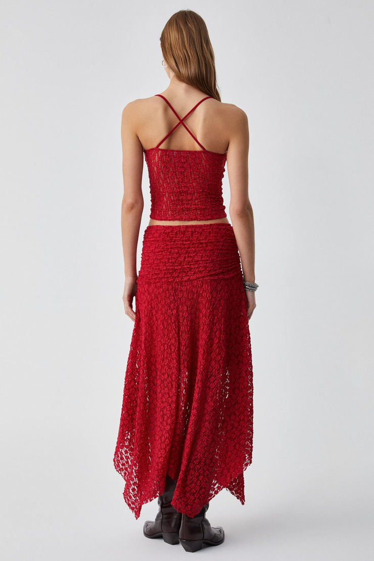 KARMA Kadın Oversize Lastikli Yüksek Bel Uzun Kırmızı Etek