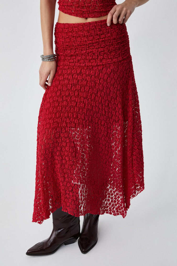 KARMA Kadın Oversize Lastikli Yüksek Bel Uzun Kırmızı Etek