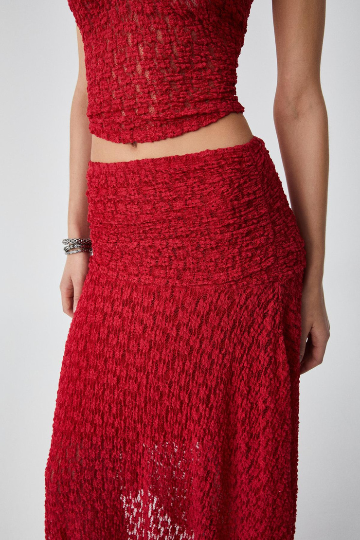 KARMA Kadın Oversize Lastikli Yüksek Bel Uzun Kırmızı Etek