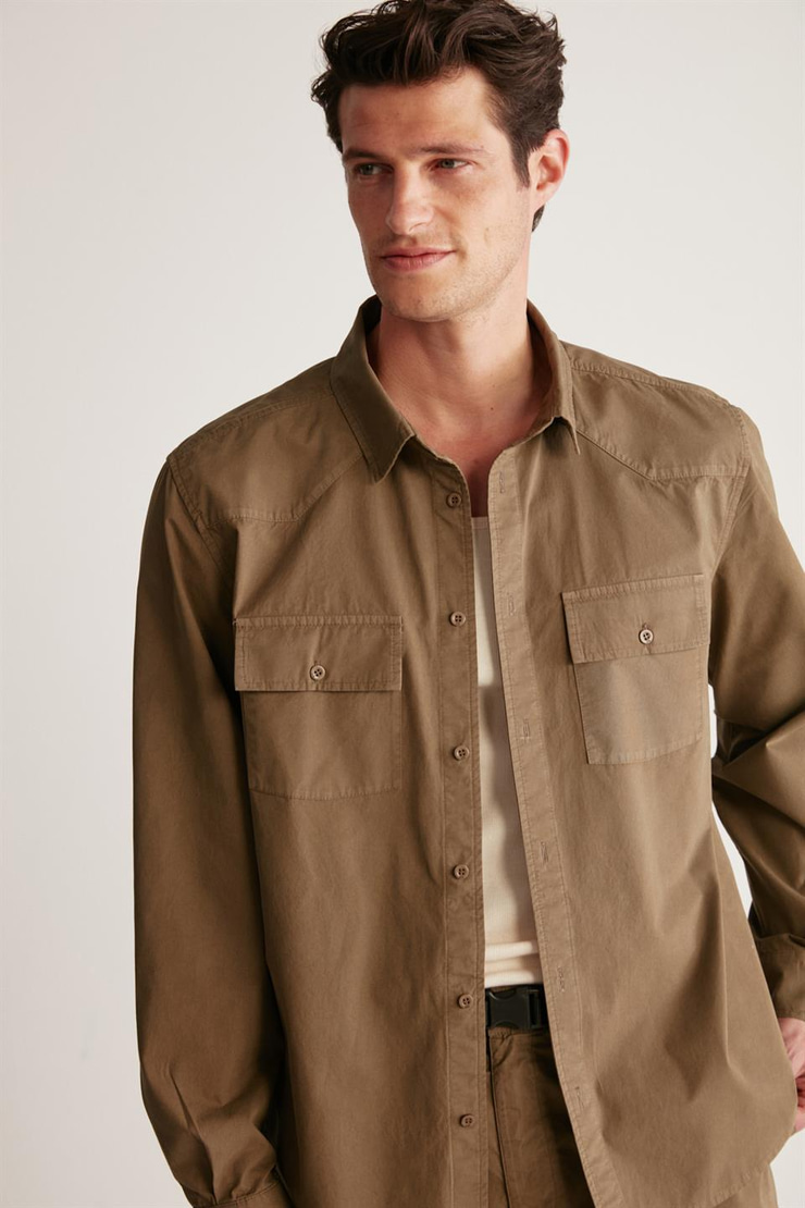 KELVIN Dokuma Oversize Haki Tekli Gömlek