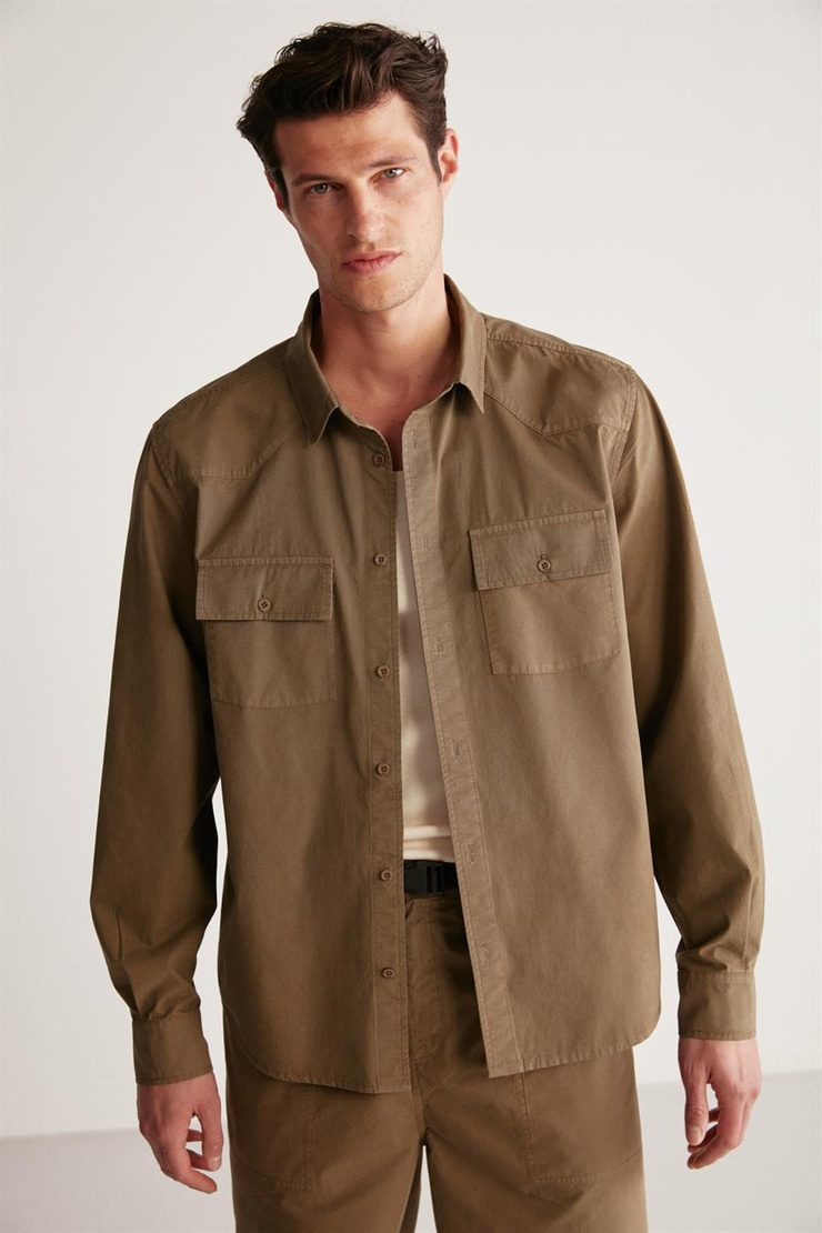 KELVIN Dokuma Oversize Haki Tekli Gömlek