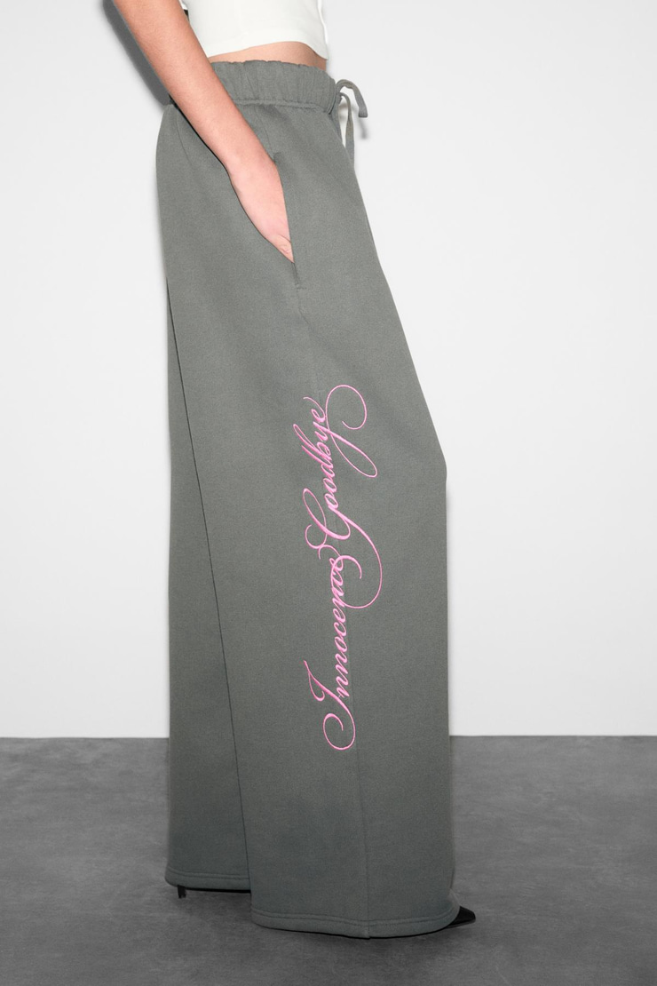 KENYOT Kadın Organik Pamuklu Nakış İşlemeli Geniş Paçalı Relaxed Fit Antrasit Eşofman Altı