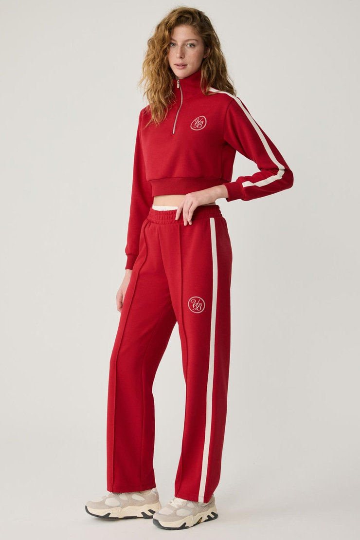 KIMIKO Kadın Beli Lastikli Relaxed Küçük Baskılı Kırmızı Eşofman Altı