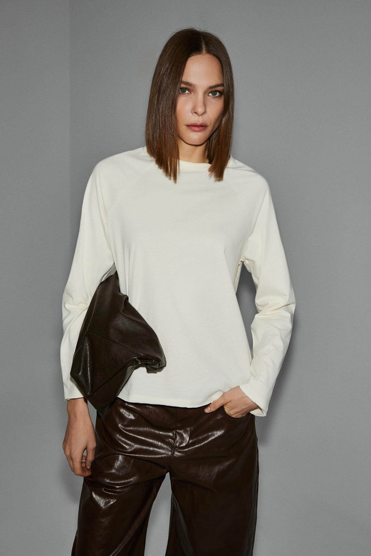 KISSORA Kadın Organik Pamuklu Yuvarlak Yaka Reglan Kol Uzun Kollu Relax Fit Ekru Bluz