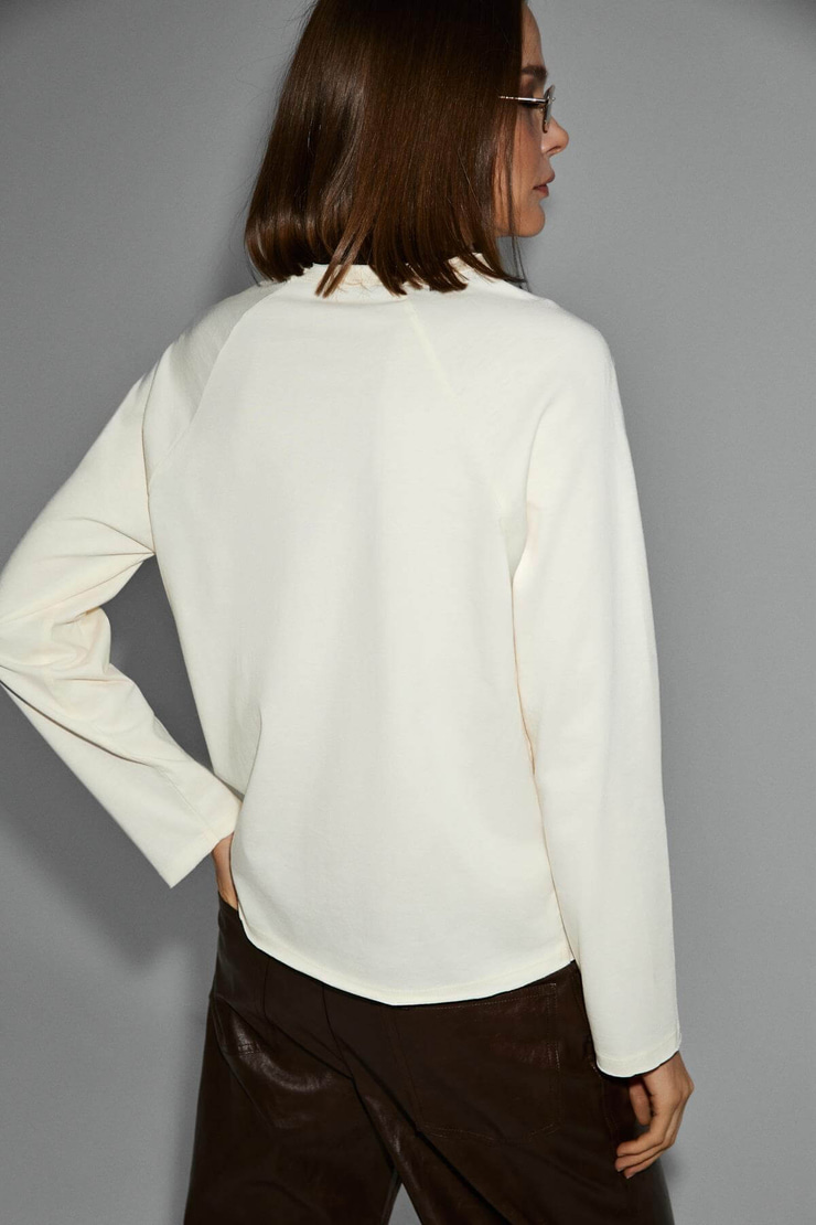 KISSORA Kadın Organik Pamuklu Yuvarlak Yaka Reglan Kol Uzun Kollu Relax Fit Ekru Bluz