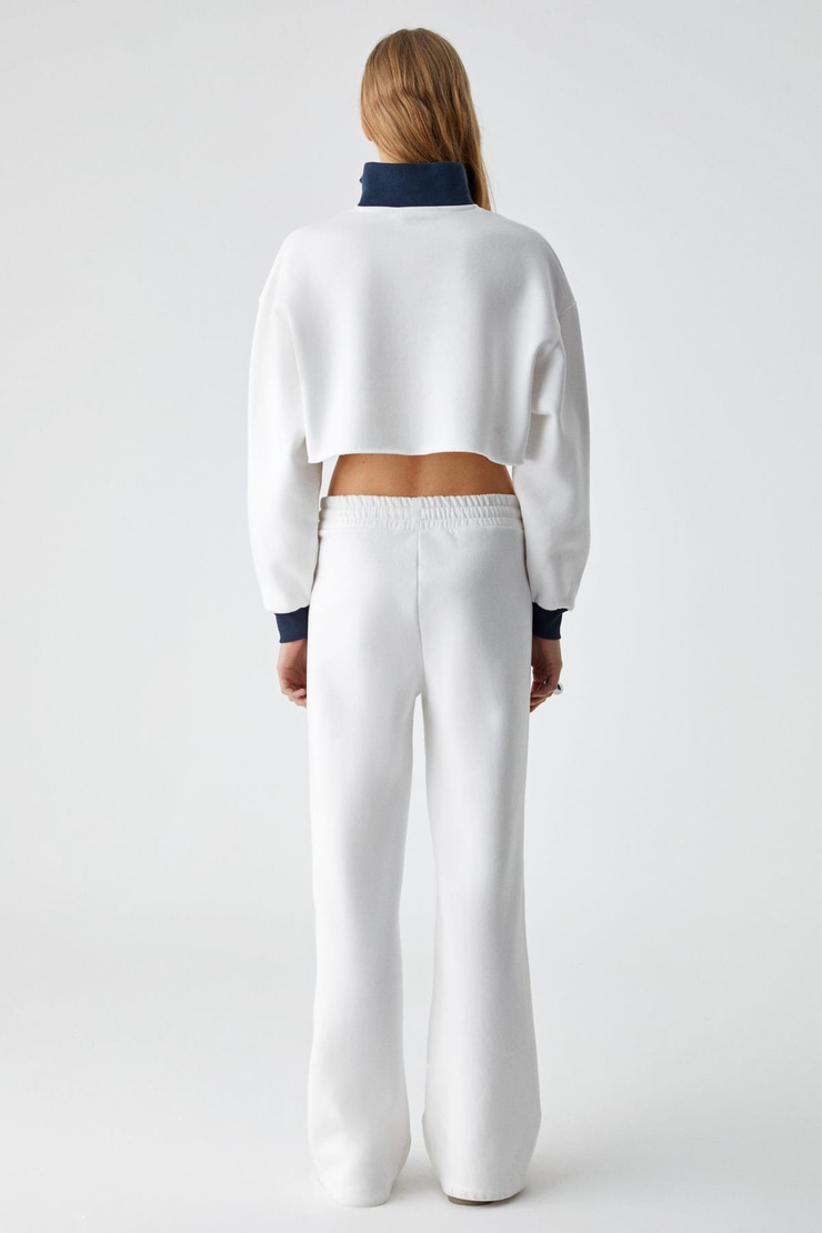 KURRUS Kadın Oversize Çift Cep 3 İplik Geniş Paça Yüksek Bel Uzun Beyaz Eşofman Altı