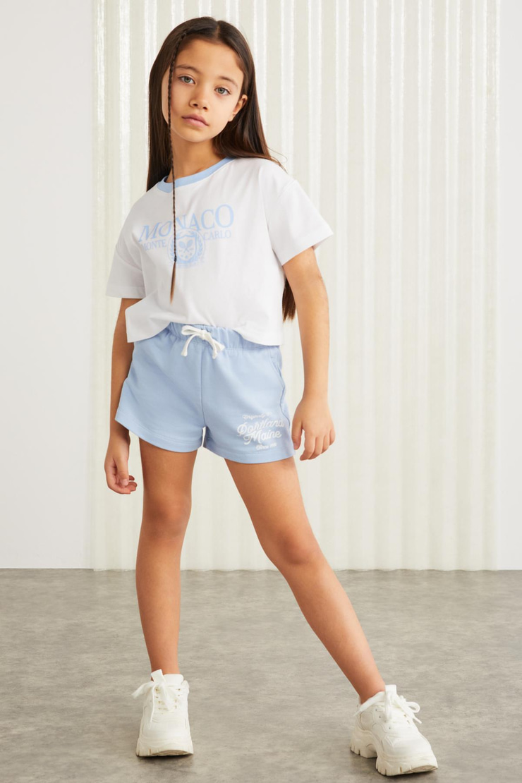 LAINEY-GRM24041 100% pamuk 3 iplik baskılı kız çocuk şort Mavi Şort