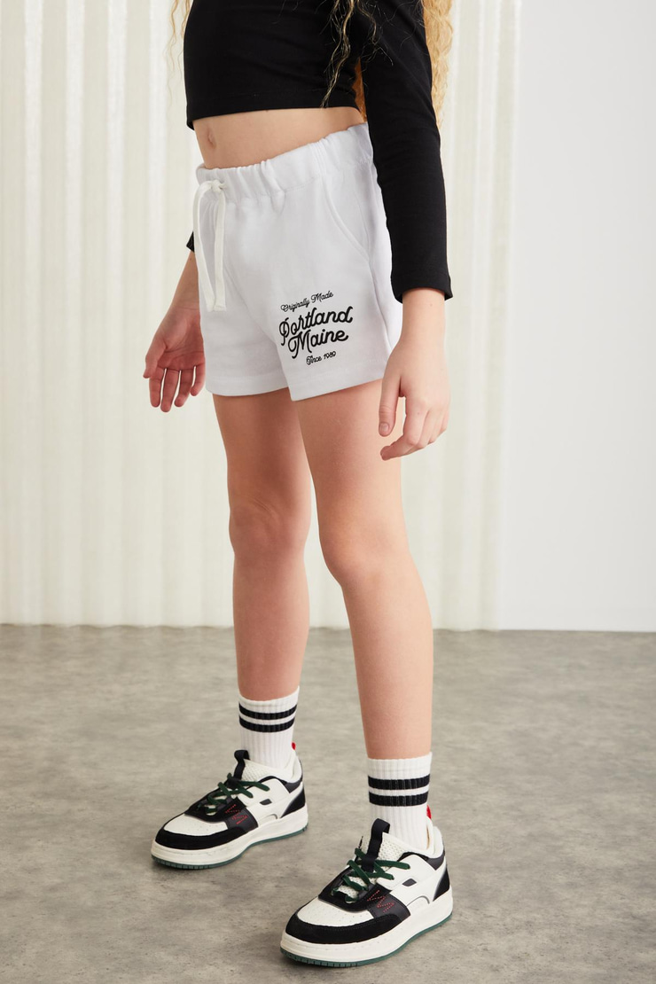 LAINEY-GRM24041 100% pamuk 3 iplik baskılı kız çocuk şort Beyaz Şort
