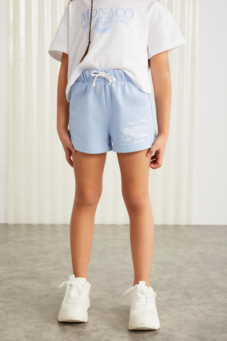 LAINEY-GRM24041 100% pamuk 3 iplik baskılı kız çocuk şort Mavi Şort