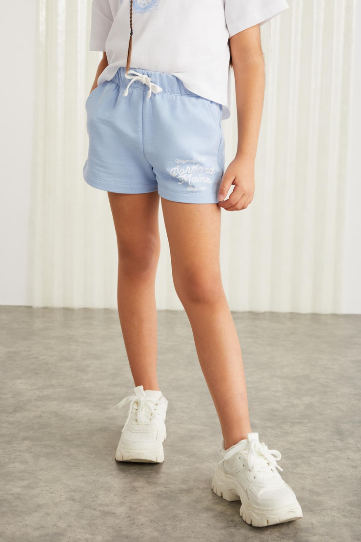 LAINEY-GRM24041 100% pamuk 3 iplik baskılı kız çocuk şort Mavi Şort