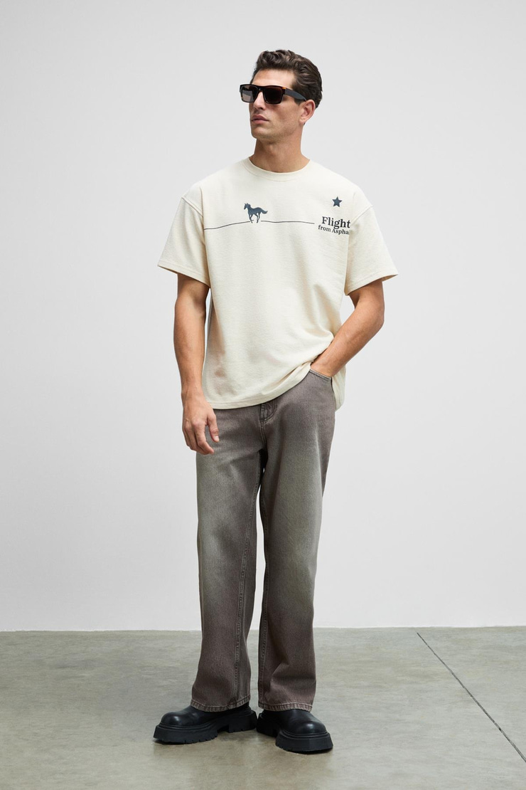 LANDI Erkek Önü Nakışlı Ve Baskılı Sırtı Baskılı %100 Organik Pamuk Bisiklet Yaka Oversize Fit Krem T-Shirt