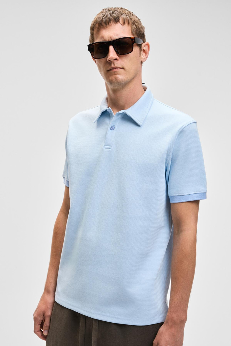 LAPORTE Erkek Dokulu Kumaşlı Slim Fit Mavi Polo Yaka T-shirt