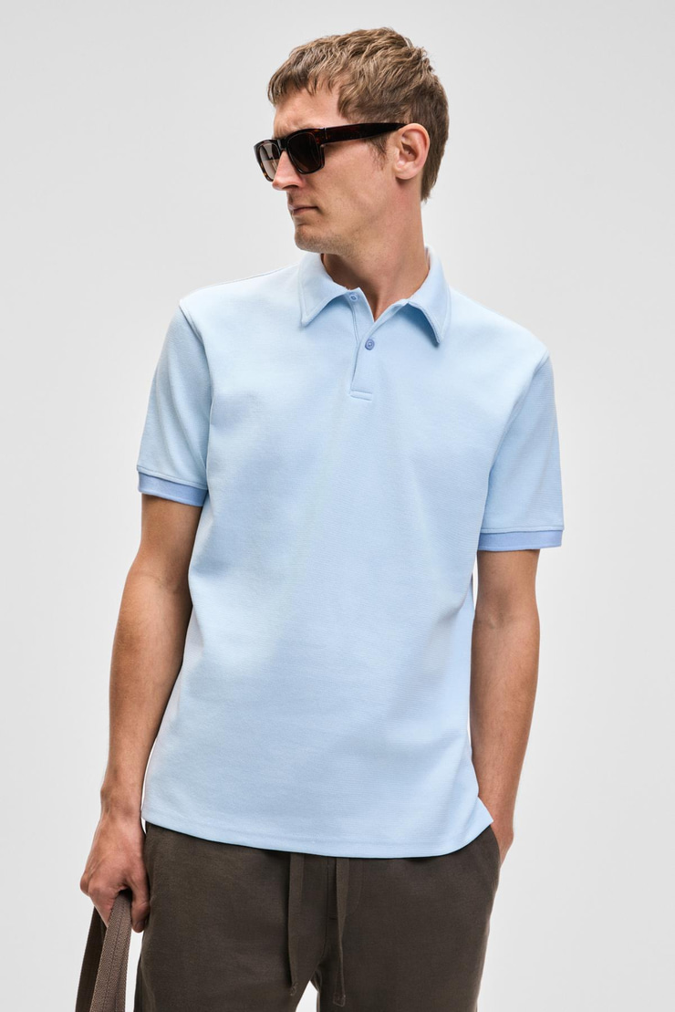 LAPORTE Erkek Dokulu Kumaşlı Slim Fit Mavi Polo Yaka T-shirt