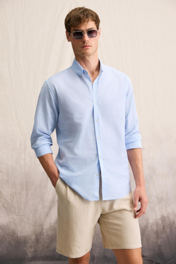 LASSE Erkek Gömlek Yaka Manşetli Uzun Kollu Regular Fit Mavi Gömlek