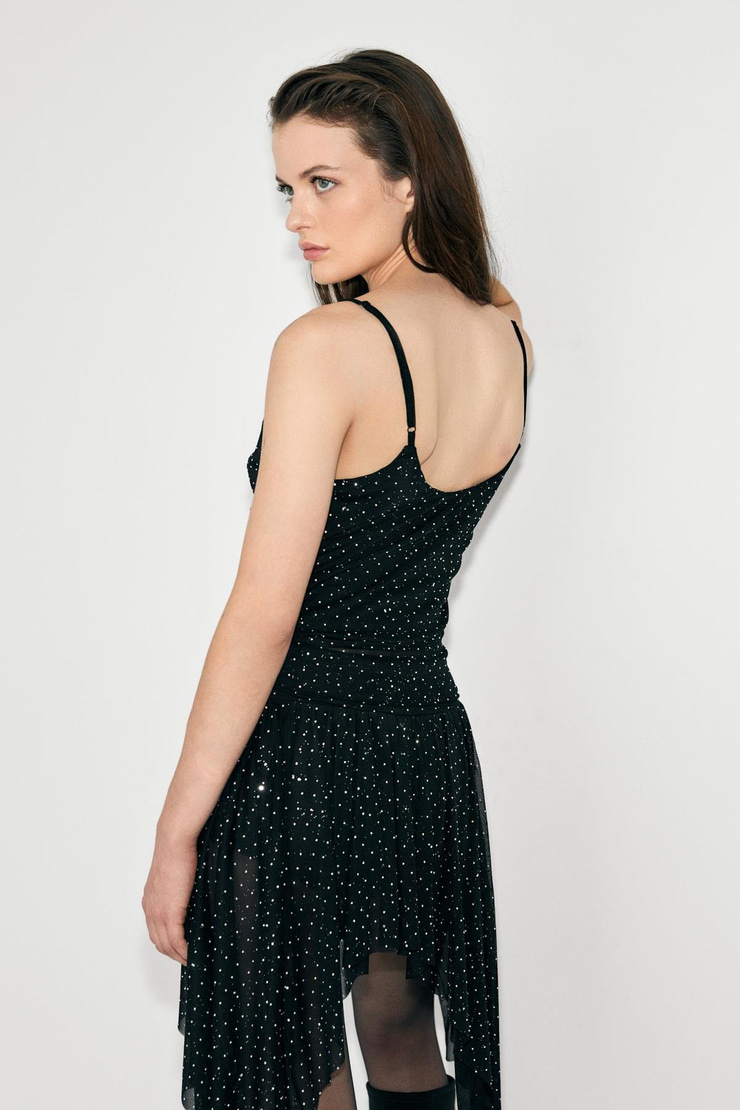 LATIDO Kadın Degaje Yakalı Tül Üzeri Taş Detaylı Astarlı Askılı Şık Siyah-Kristal Taşlı Bluz