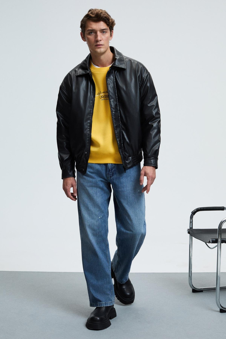 LEIF Erkek Kolları Biyeli Önü Baskılı Yuvarlak Yaka Oversize Sarı Sweatshirt