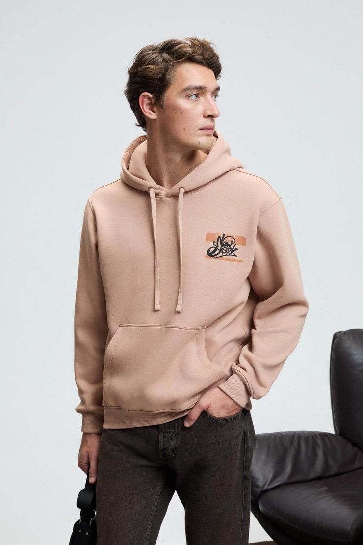 LELAND Erkek Kapüşonlu Kanguru Cepli Göğsü Nakışlı Regular Fit Vizon Sweatshirt
