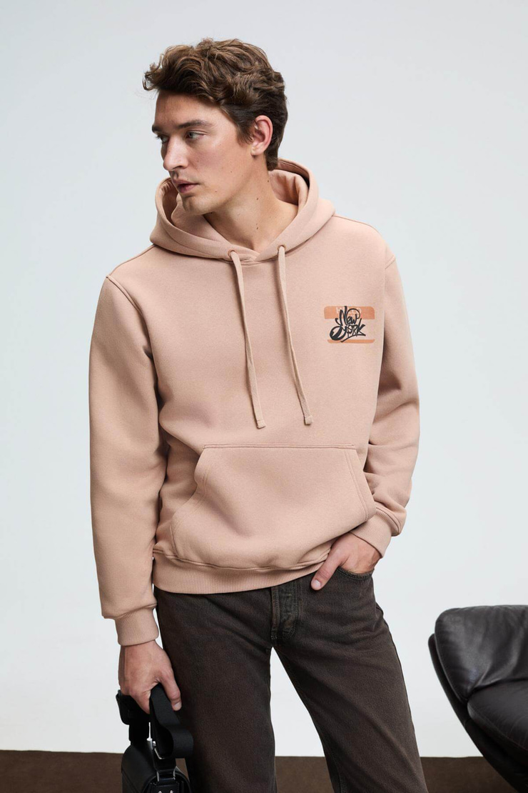 LELAND Erkek Kapüşonlu Kanguru Cepli Göğsü Nakışlı Regular Fit Vizon Sweatshirt