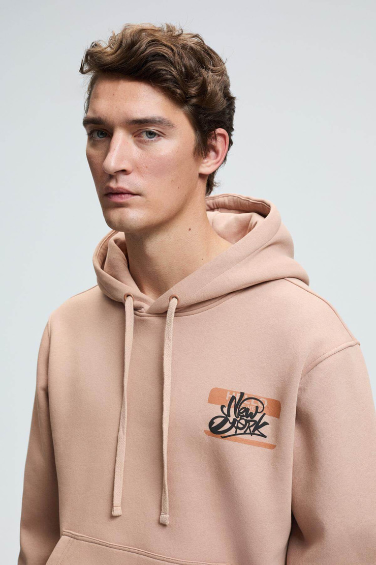 LELAND Erkek Kapüşonlu Kanguru Cepli Göğsü Nakışlı Regular Fit Vizon Sweatshirt