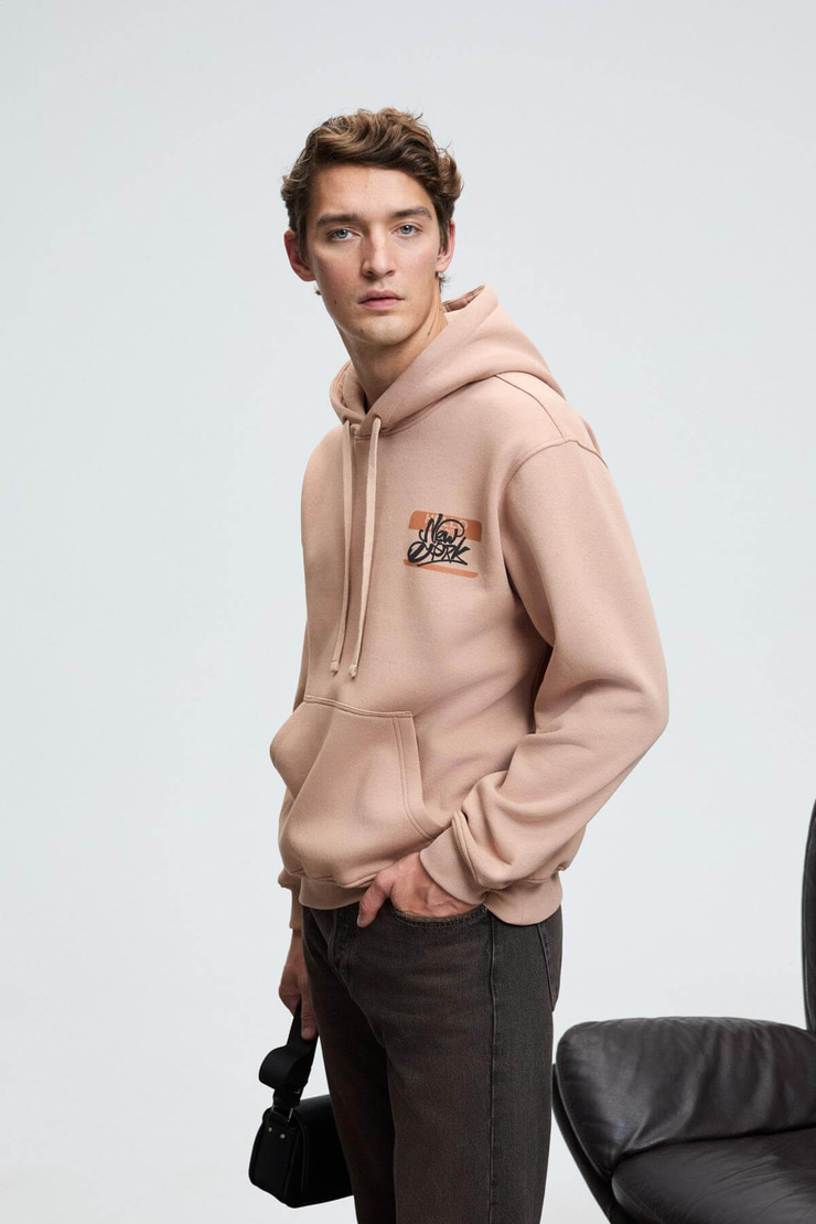 LELAND Erkek Kapüşonlu Kanguru Cepli Göğsü Nakışlı Regular Fit Vizon Sweatshirt