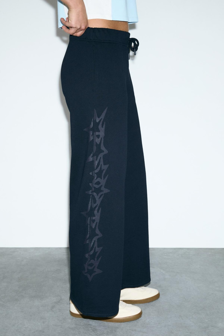 LIBRATE Kadın Organik Pamuklu Baskı Detaylı Çift Cepli Oversıze Lacivert Eşofman Altı