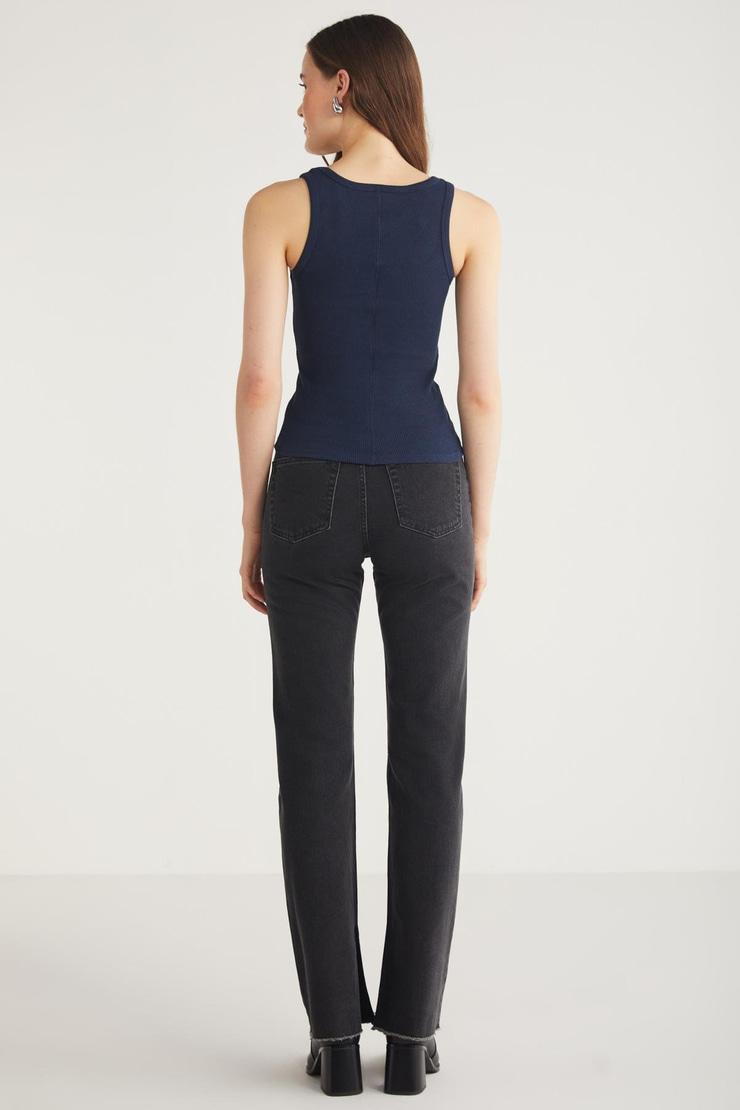 LILLESOL Kadın Fitilli Görünümlü Slim Fit Vücuda Oturan Havuz Yakalı Pamuklu Basic Lacivert Atlet