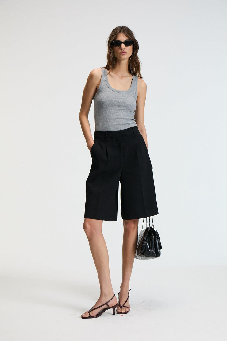 LILLESOL Kadın Fitilli Görünümlü Slim Fit Vücuda Oturan Havuz Yakalı Pamuklu Basic Antrasit Atlet