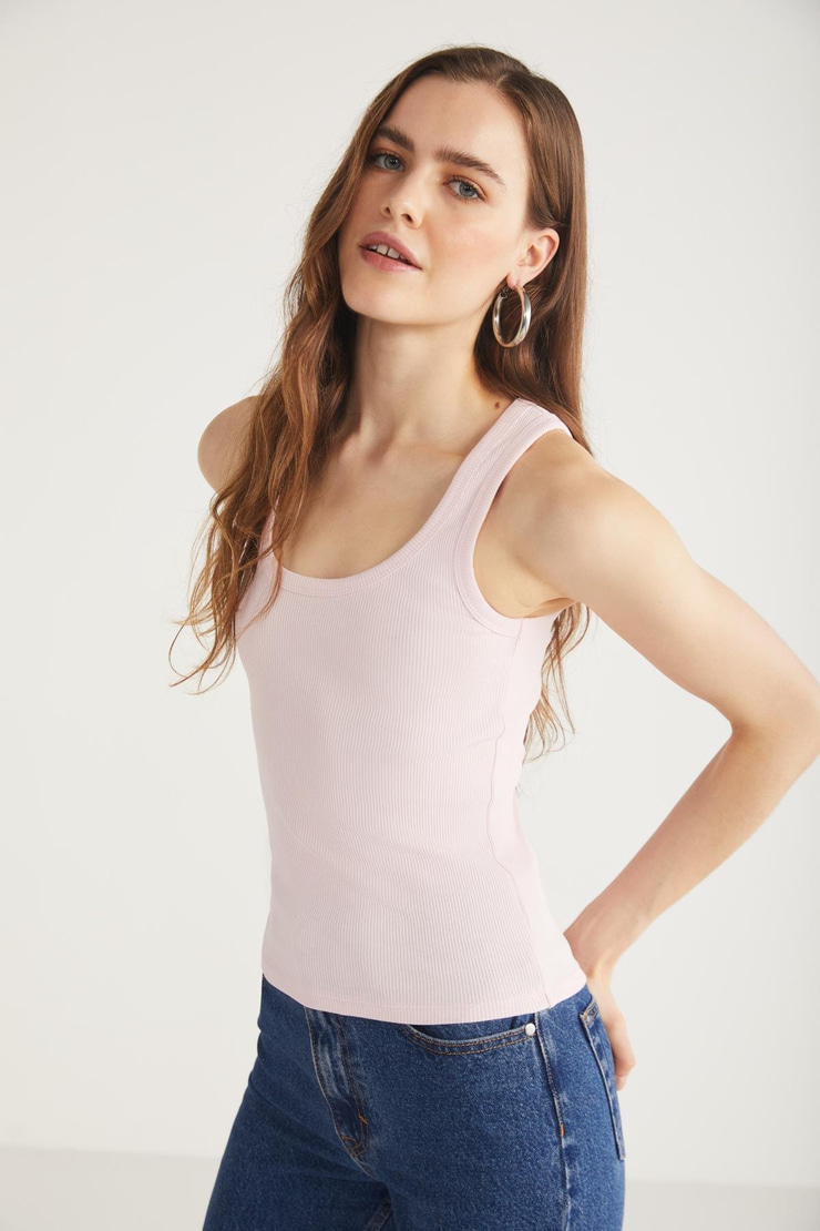 LILLESOL Kadın Fitilli Görünümlü Slim Fit Vücuda Oturan Havuz Yakalı Pamuklu Basic Pembe Atlet