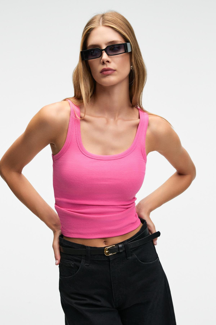 LILLESOL Kadın Fitilli Görünümlü Slim Fit Vücuda Oturan Havuz Yakalı Pamuklu Basic Fuşya Atlet