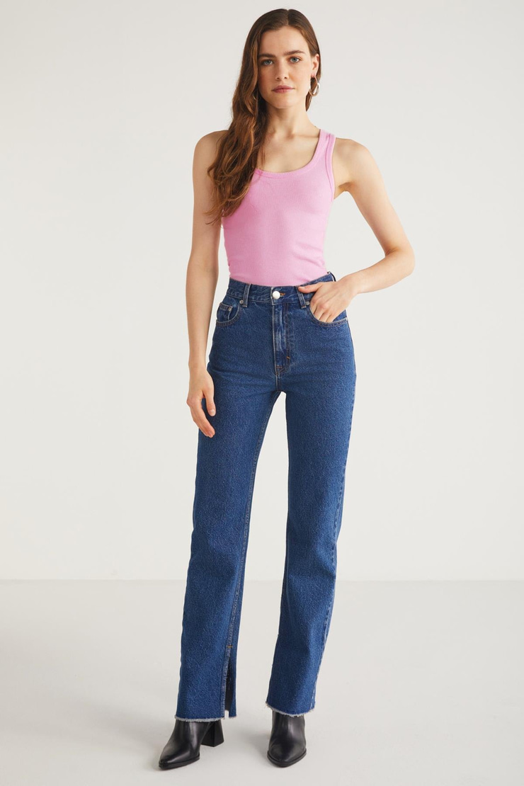 LILLESOL Kadın Fitilli Görünümlü Slim Fit Vücuda Oturan Havuz Yakalı Pamuklu Basic Koyu Pembe Atlet