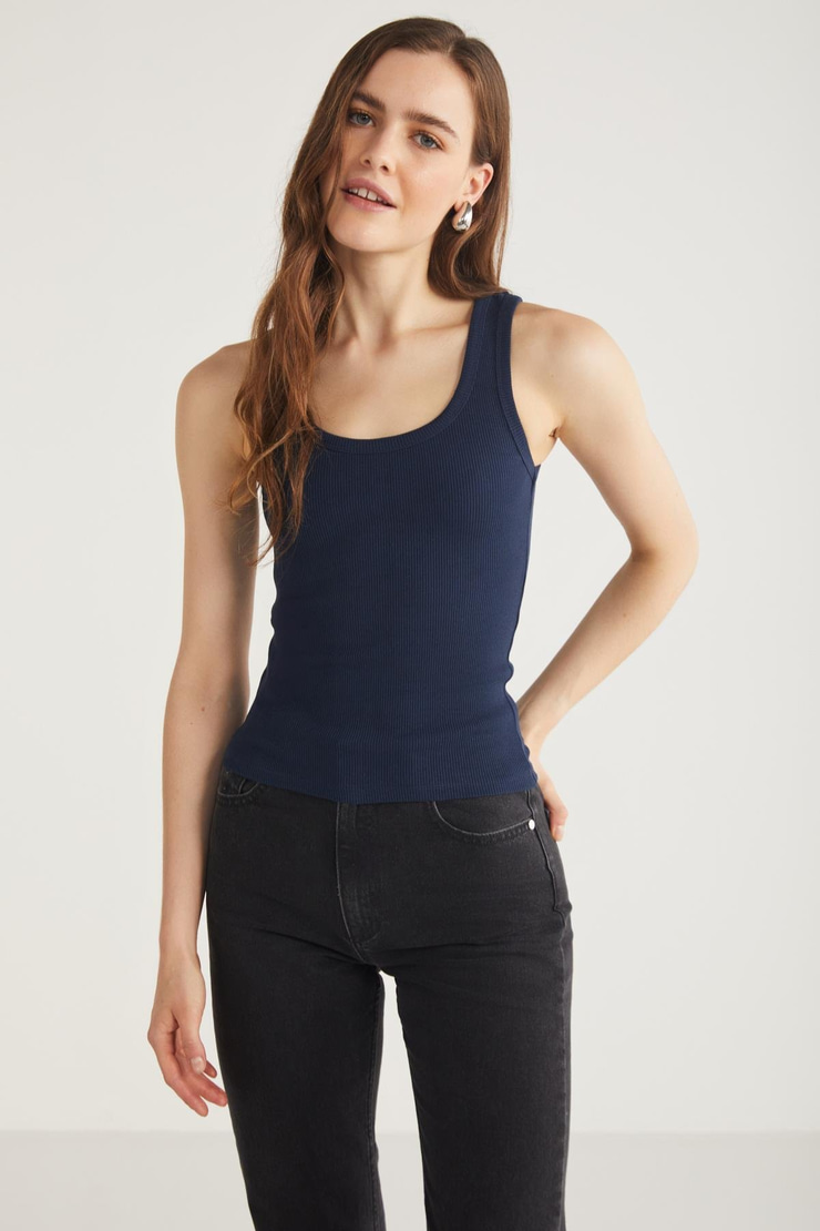 LILLESOL Kadın Fitilli Görünümlü Slim Fit Vücuda Oturan Havuz Yakalı Pamuklu Basic Lacivert Atlet