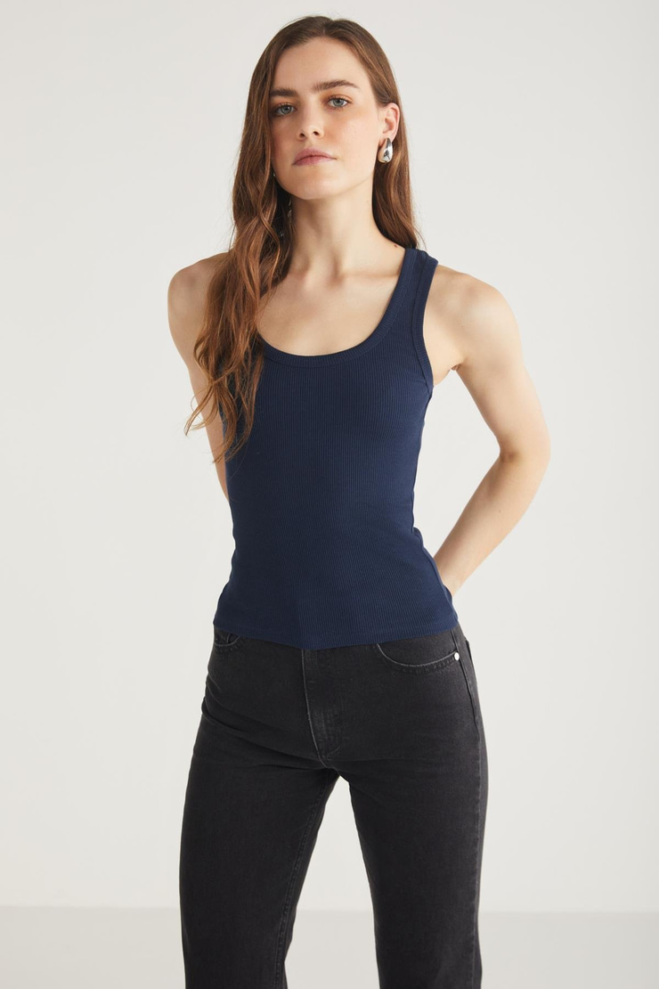 LILLESOL Kadın Fitilli Görünümlü Slim Fit Vücuda Oturan Havuz Yakalı Pamuklu Basic Lacivert Atlet