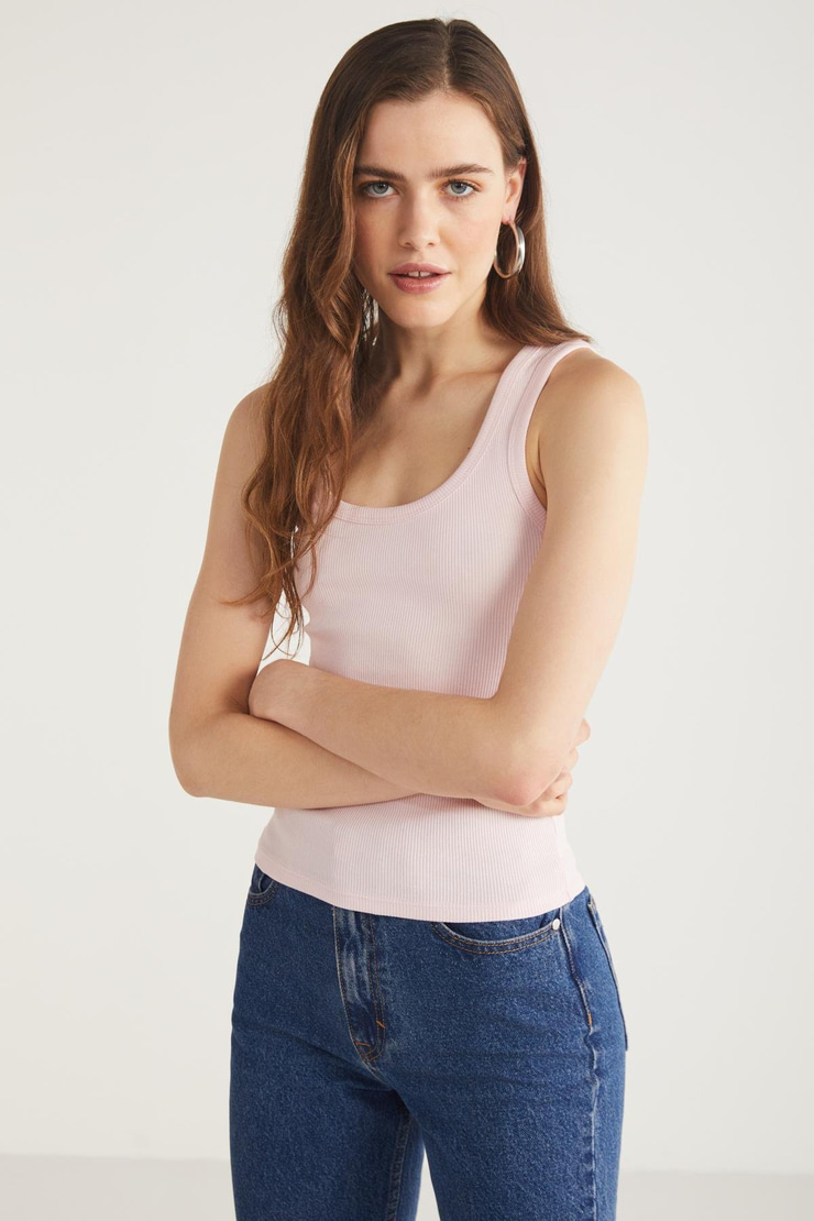 LILLESOL Kadın Fitilli Görünümlü Slim Fit Vücuda Oturan Havuz Yakalı Pamuklu Basic Pembe Atlet