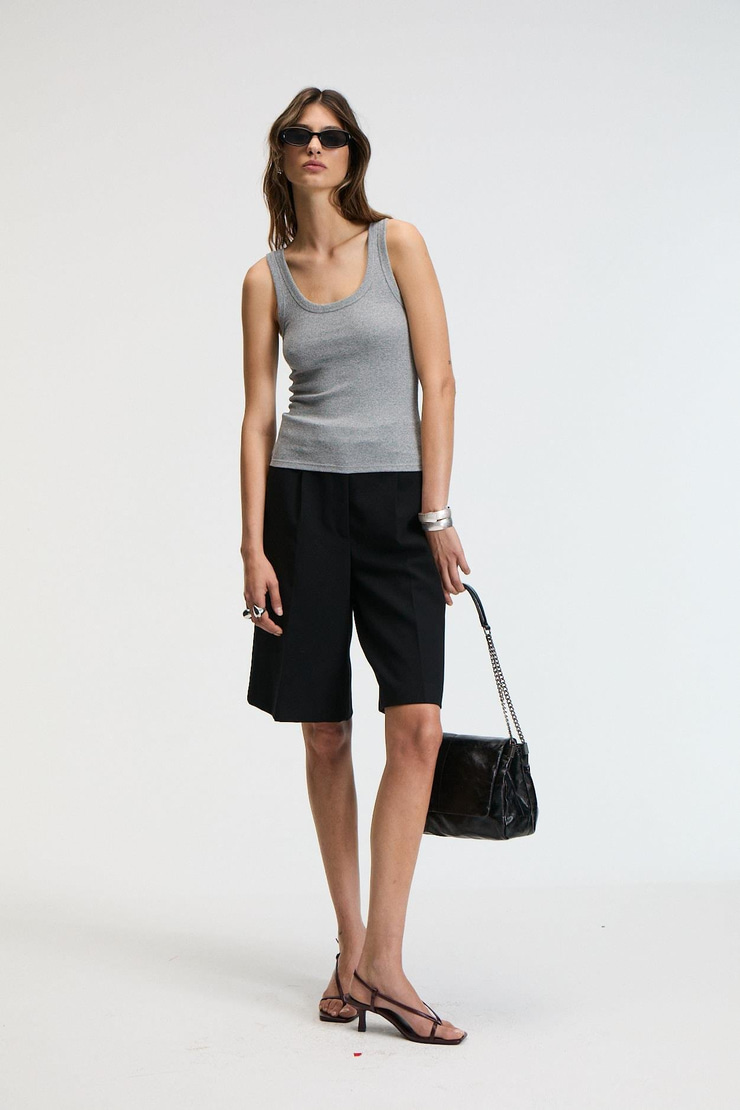 LILLESOL Kadın Fitilli Görünümlü Slim Fit Vücuda Oturan Havuz Yakalı Pamuklu Basic Antrasit Atlet