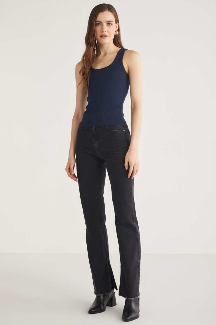 LILLESOL Kadın Fitilli Görünümlü Slim Fit Vücuda Oturan Havuz Yakalı Pamuklu Basic Lacivert Atlet