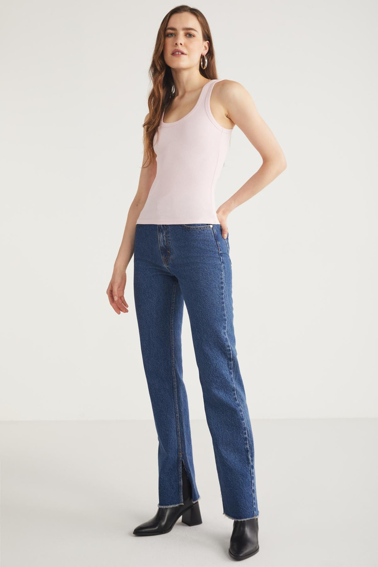 LILLESOL Kadın Fitilli Görünümlü Slim Fit Vücuda Oturan Havuz Yakalı Pamuklu Basic Pembe Atlet