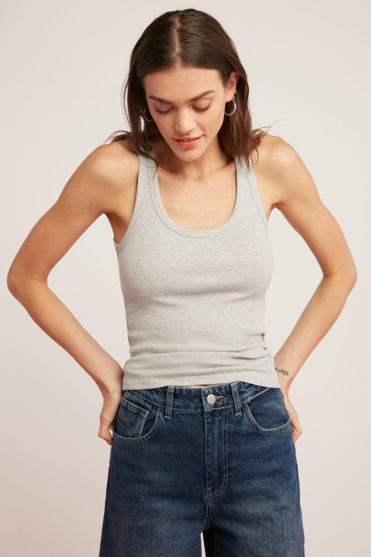 LILLESOL Kadın Fitilli Görünümlü Slim Fit Vücuda Oturan Havuz Yakalı Pamuklu Basic Gri Atlet