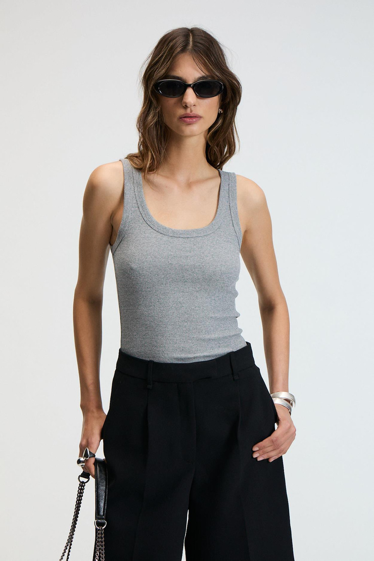 LILLESOL Kadın Fitilli Görünümlü Slim Fit Vücuda Oturan Havuz Yakalı Pamuklu Basic Antrasit Atlet