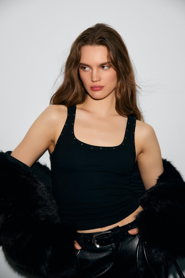 LILLESOL STARLIT Kadın Yumuşak Ve Esnek Kumaşlı Organik Pamuklu Taşlı Siyah Atlet