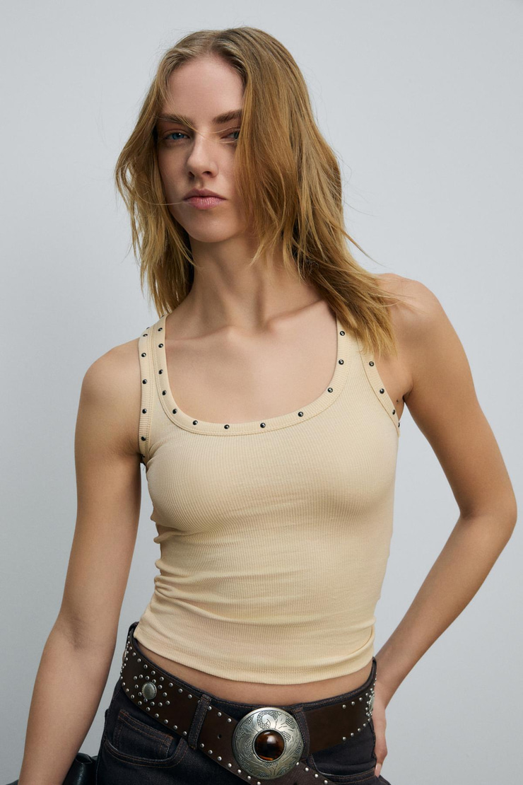 LILLESOL STARLIT Kadın Yumuşak Ve Esnek Kumaşlı Organik Pamuklu Taşlı Bej Atlet